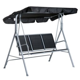 Rackhams Metal Swing Chair Garden Hammock 3 Seater Patio Bench w/ Canopy, Black - Light Grey - thumbnail 2