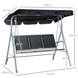 Rackhams Metal Swing Chair Garden Hammock 3 Seater Patio Bench w/ Canopy, Black - Light Grey - thumbnail 6