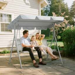 Rackhams Metal Swing Chair Garden Hammock 3 Seater Patio Bench w/ Canopy, Black - Light Grey