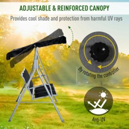 Rackhams Metal Swing Chair Garden Hammock 3 Seater Patio Bench w/ Canopy, Black - Light Grey - thumbnail 4