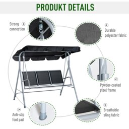 Rackhams Metal Swing Chair Garden Hammock 3 Seater Patio Bench w/ Canopy, Black - Light Grey - thumbnail 5