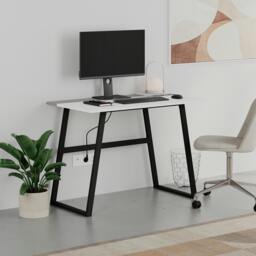 Rackhams Modern Compact Rectangular Work Desk, Easy Assembly, suitable for Small Spaces, Robust Black Metal Legs, White,Mocha Grey - White-Mocha Grey - thumbnail 2