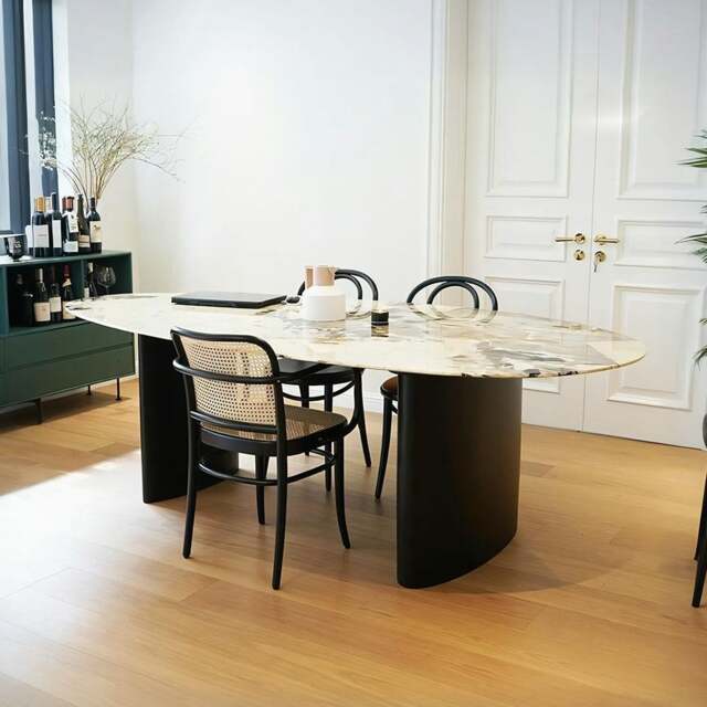 Rackhams Tambo Dining Table, Pebble Shape, Sintered Stone - 180 x 100cm - White and Brown Texture - White and Brown Texture - image 1