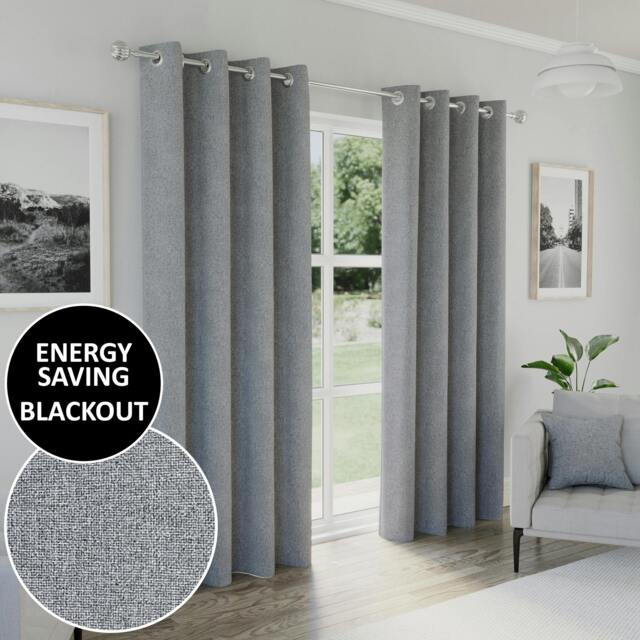 "Rackhams Grey Textured Basketweave 100% Blackout Curtains - Thermal/Energy Saving Pair with Eyelets For Living Room & Bedrooms - 46"" (117cm) Width x 90"" (229cm) Drop" - image 1