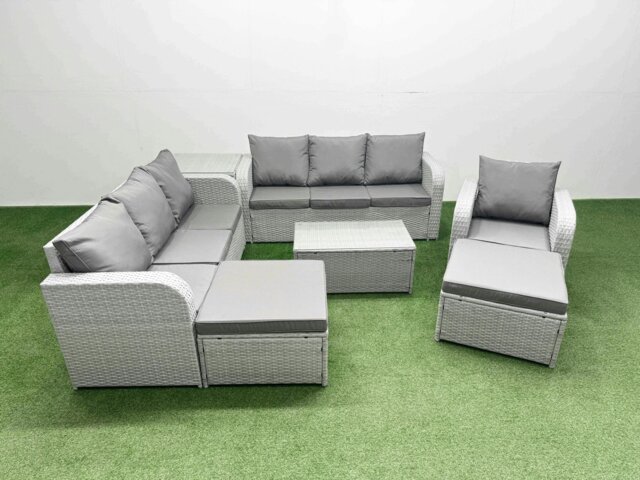 Rackhams 9 Seater Poly Rattan Outdoor Garden Furniture Sofa Set Patio 3 Seater Sofa Reclining Chair 3 Seater Sofa 2 Big Footstools Side Table Light Grey - image 1