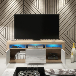 Rackhams Spacious 160cm TV Unit & Cabinet with White High Gloss Doors and Free LED - 160 cm -  MDF/Chipboard - Oak Matt Body & White Gloss Doors - thumbnail 4