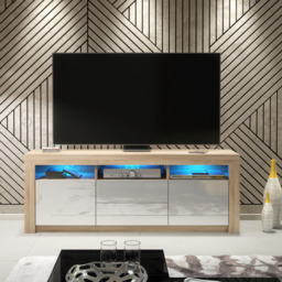 Rackhams Spacious 160cm TV Unit & Cabinet with White High Gloss Doors and Free LED - 160 cm -  MDF/Chipboard - Oak Matt Body & White Gloss Doors - thumbnail 3