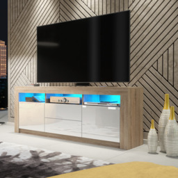 Rackhams Spacious 160cm TV Unit & Cabinet with White High Gloss Doors and Free LED - 160 cm -  MDF/Chipboard - Oak Matt Body & White Gloss Doors - thumbnail 2