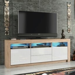 Rackhams Spacious 160cm TV Unit & Cabinet with White High Gloss Doors and Free LED - 160 cm -  MDF/Chipboard - Oak Matt Body & White Gloss Doors