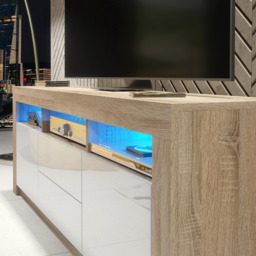 Rackhams Spacious 160cm TV Unit & Cabinet with White High Gloss Doors and Free LED - 160 cm -  MDF/Chipboard - Oak Matt Body & White Gloss Doors - thumbnail 5