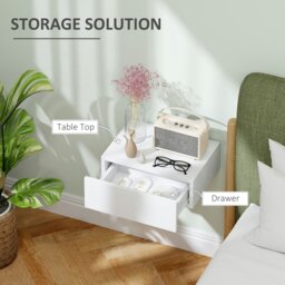 Rackhams Floating Bedside Table, Wall-Mounted Nightstand with Storage Drawer, Small Side End Table for Bedroom, White - White - thumbnail 4