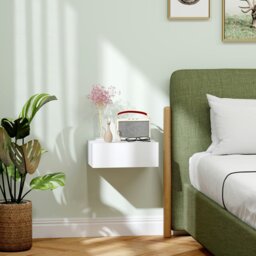 Rackhams Floating Bedside Table, Wall-Mounted Nightstand with Storage Drawer, Small Side End Table for Bedroom, White - White - thumbnail 1