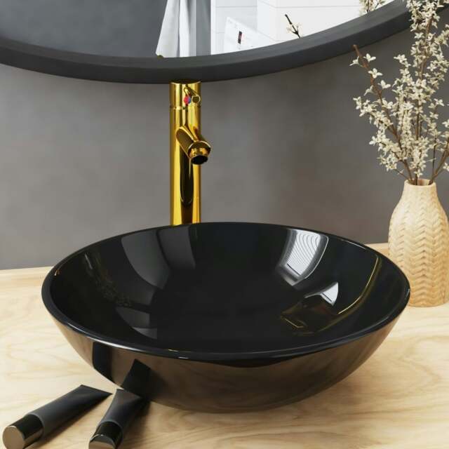 Rackhams Bathroom Sink with Tap and Push Drain Black Tempered Glass