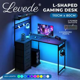 Rackhams L-Shaped Gaming Desk Office Computer Table with Power Socket LED Drawers - thumbnail 2