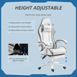 Rackhams Computer Gaming Chair, PU Leather Desk Chair with Footrest, Swivel Task Chair with 135° Reclining Back and Lumbar Support, White and Grey - thumbnail 4