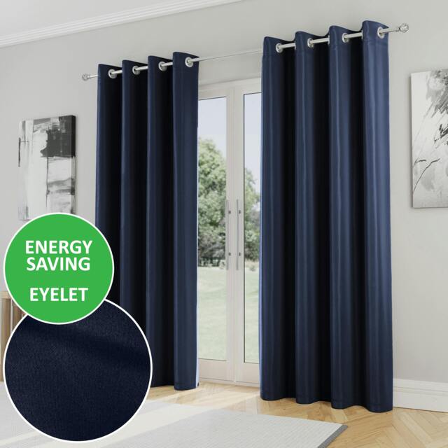"Rackhams Navy Plain Supersoft Thermal Room Darkening Eyelet Curtain - Pair for Living Room & Bedrooms - 66"" (168cm) Width x 54"" (137cm) Drop" - image 1