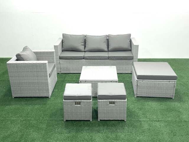 Rackhams 6 Seater Rattan Garden Furniture Set with 3 Seater Sofa Chair Square Coffee Table 3 Footstools Light Grey Mixed - image 1