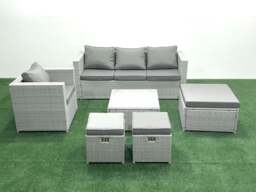 Rackhams 6 Seater Rattan Garden Furniture Set with 3 Seater Sofa Chair Square Coffee Table 3 Footstools Light Grey Mixed - thumbnail 1