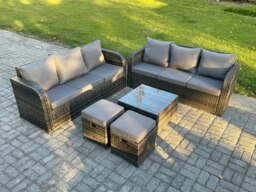 Rackhams Indoor Outdoor Rattan Garden Furniture 8 Seater Set Table Sofa Chair Patio Conservatory with Grey Cushions 2 Small Footstools