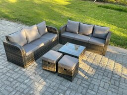 Rackhams Indoor Outdoor Rattan Garden Furniture 8 Seater Set Table Sofa Chair Patio Conservatory with Grey Cushions 2 Small Footstools - thumbnail 2