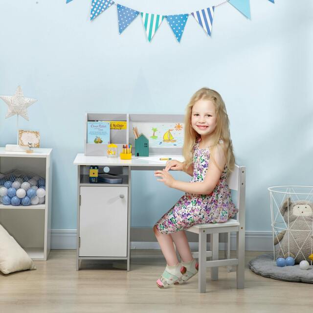 Rackhams Kids Desk And Chair Set 2 PCs Childrens Table And Chair Set Multi Use Toddler Furniture with Whiteboard, Storage - Grey - image 1