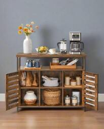 Rackhams Rustic Floor Standing Cabinet with Louvred Doors – Kitchen Storage Cupboard with Shelves, Industrial Style