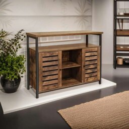 Rackhams Rustic Floor Standing Cabinet with Louvred Doors – Kitchen Storage Cupboard with Shelves, Industrial Style - thumbnail 5