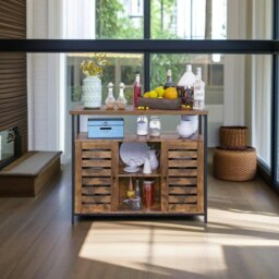 Rackhams Rustic Floor Standing Cabinet with Louvred Doors – Kitchen Storage Cupboard with Shelves, Industrial Style - thumbnail 2