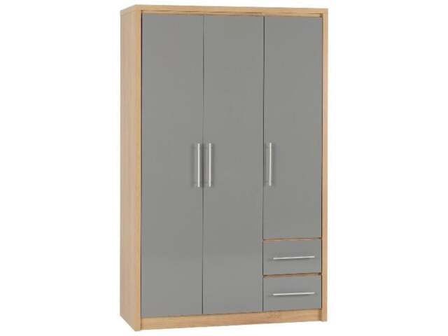 Rackhams Seville 3 Door 2 Drawer Triple Wardrobe - Grey High Gloss and Light Oak - image 1