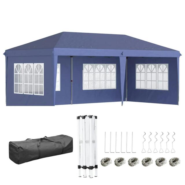 Rackhams 3 x 6m Pop Up Gazebo, Height Adjustable Marquee Party Tent with Sidewalls and Storage Bag, Blue - image 1