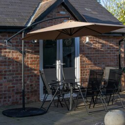 Rackhams Outdoor 6 Person Rectangular Glass Top Garden Dining Table Chairs With Beige Banana Parasol and Base - Outdoor Furniture Sets