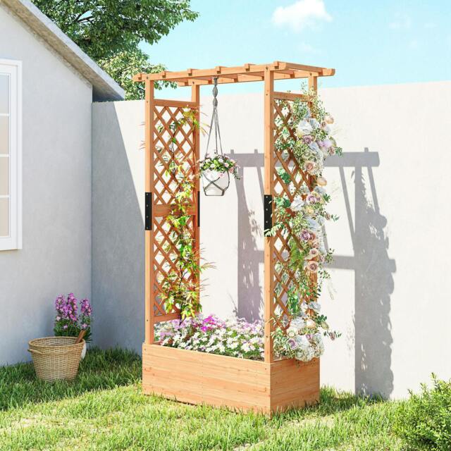 Rackhams Raised Bed for Garden with Trellis, 110 x 44 x 181 cm, Natural - image 1