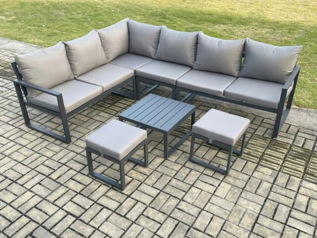 Rackhams 8 Seater Aluminium Garden Furniture Set Outdoor Lounge Corner Sofa Square Coffee Table Sets with 2 Small Footstools Dark Grey