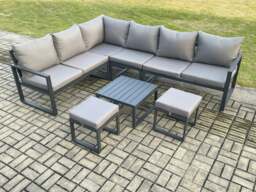 Rackhams 8 Seater Aluminium Garden Furniture Set Outdoor Lounge Corner Sofa Square Coffee Table Sets with 2 Small Footstools Dark Grey - thumbnail 1