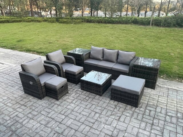 Rackhams Patio Garden Furniture Sets Wicker 8 Seater Outdoor Rattan Furniture Sofa Sets with Square Coffee Table 2 Side Tables 3 Footstools - image 1