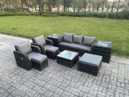 Rackhams Patio Garden Furniture Sets Wicker 8 Seater Outdoor Rattan Furniture Sofa Sets with Square Coffee Table 2 Side Tables 3 Footstools