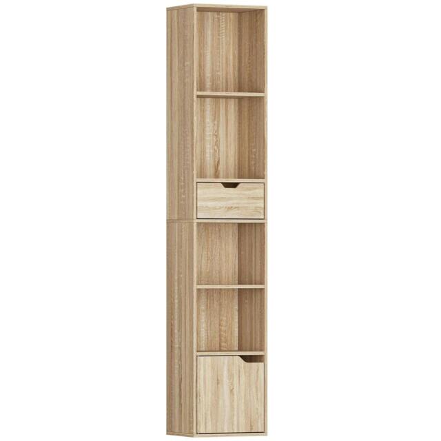 Rackhams 6-Tier Bookcase, Tall Narrow Bookshelf with Drawer and Door - Natural Wood Finish