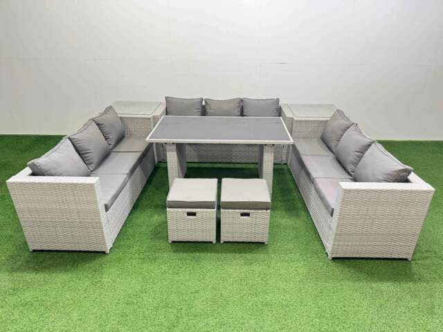 Rackhams Patio Outdoor Garden Furniture Sets with Black Glass Top Dining Table 3 Seater Sofa 2 Side Tables 2 Small Stool Light Grey - image 1