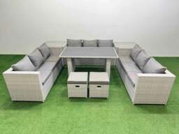 Rackhams Patio Outdoor Garden Furniture Sets with Black Glass Top Dining Table 3 Seater Sofa 2 Side Tables 2 Small Stool Light Grey - thumbnail 1