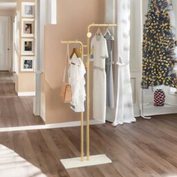 Rackhams Metal Double Coat Stand With 5 Hooks And Hanging Rail Gold - thumbnail 2