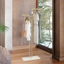 Rackhams Metal Double Coat Stand With 5 Hooks And Hanging Rail Gold - thumbnail 3