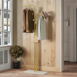 Rackhams Metal Double Coat Stand With 5 Hooks And Hanging Rail Gold