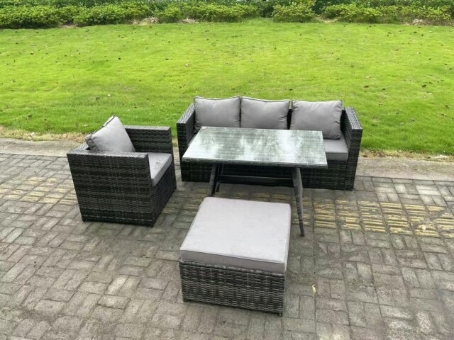 Rackhams Rattan Outdoor Furniture Garden Dining Set with Oblong Dining Table Armchair Big Footstool Dark Grey Mixed - image 1