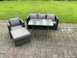Rackhams Rattan Outdoor Furniture Garden Dining Set with Oblong Dining Table Armchair Big Footstool Dark Grey Mixed - thumbnail 2