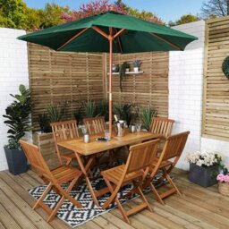 Rackhams Outdoor 6 Person Folding Rectangular Wooden Garden Patio Dining Table Chairs Parasol and Base set - Outdoor Furniture Sets - thumbnail 1