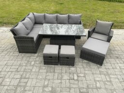 Rackhams Outdoor Garden Furniture Set Wicker PE Rattan Height Adjustable Rising Lifting Table Sofa Dining Set with 3 Footstools Armchair Dark Grey Mixed - thumbnail 2