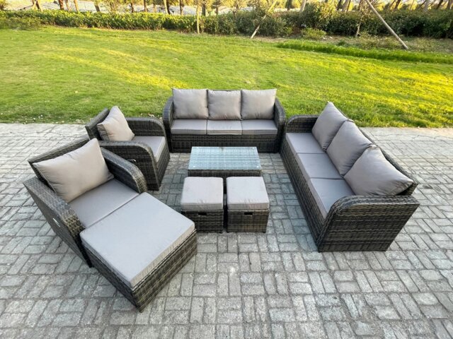 Rackhams Rattan Outdoor Garden Furniture Sofa Set Patio Table & Chairs Set with 3 Seater Sofa Reclining Chair 3 Footstools 3 Seater Sofa Dark Grey Mixed - image 1