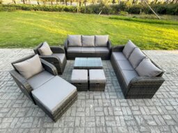 Rackhams Rattan Outdoor Garden Furniture Sofa Set Patio Table & Chairs Set with 3 Seater Sofa Reclining Chair 3 Footstools 3 Seater Sofa Dark Grey Mixed - thumbnail 1