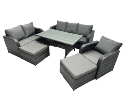 Rackhams 8 Seat Outdoor Wicker PE Rattan Garden Furniture Set Dining Table Sofa Set with 2 Big Stools Dark Grey Mixed - thumbnail 2