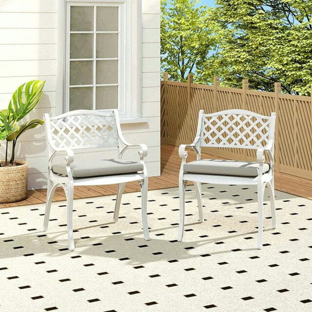 Rackhams Set of 2 Garden Chairs Cast Aluminium Armchairs with Cushion Black/White - Off-white with black spots